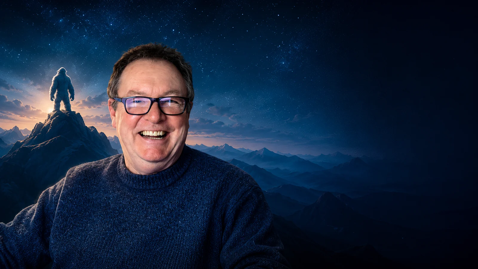 Craig Galloway smiling in front of a dramatic mountain landscape with a symbolic SaaSYeti figure on a distant summit