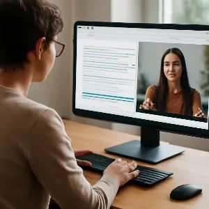 An artistic photo of a person editing a video by editing the transcript on a computer screen, emphasizing the ease and effici - Generated Image